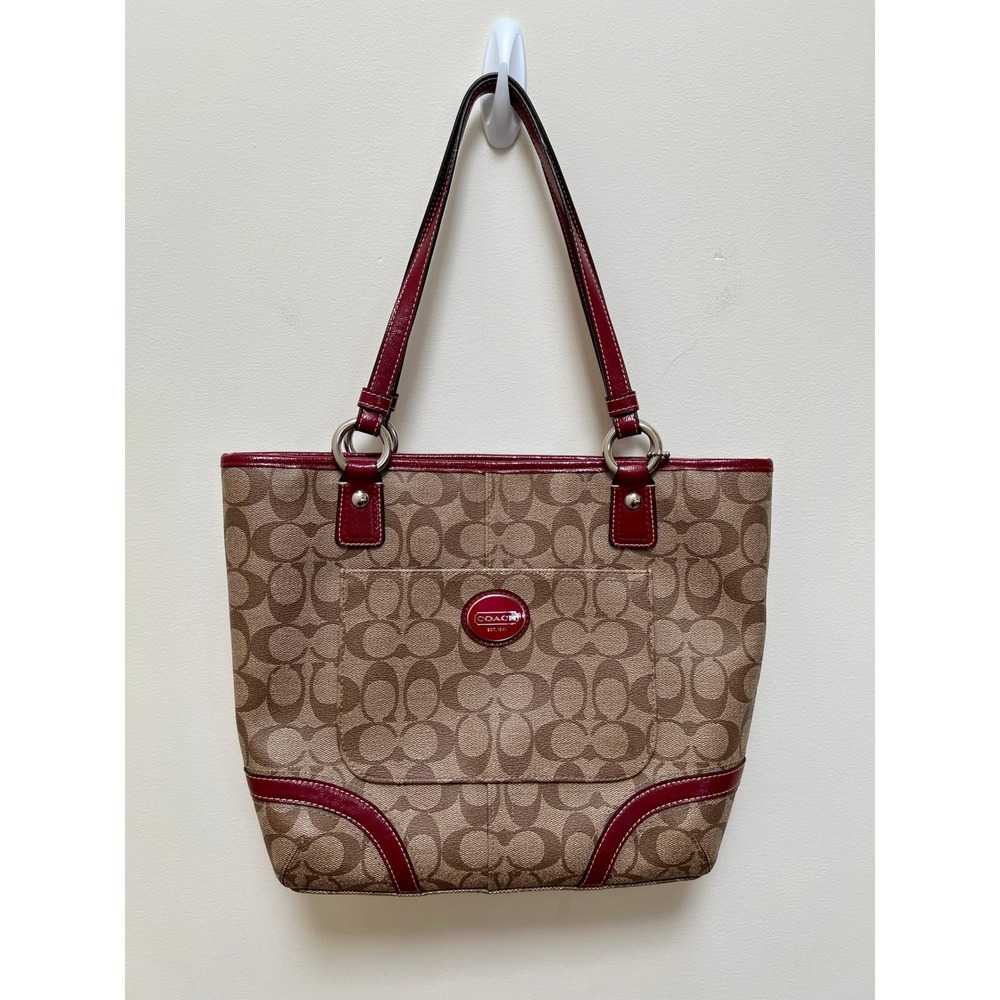 Coach Red Signature Peyton Tote Bag Women Medium Gallery Monogram Canvas F18917